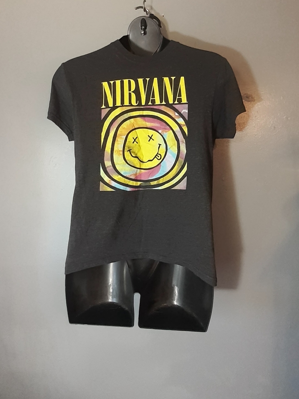 NIRVANA Black Tee with Yellow Tie-Dye Smiley Graphic